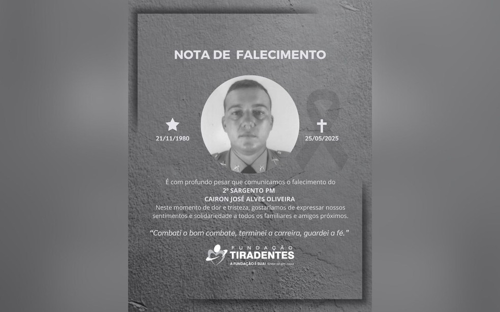 Nota de falecimento de policial militar que morreu após acidente, em Goiás — Foto: Reprodução/Fundação Tiradantes
