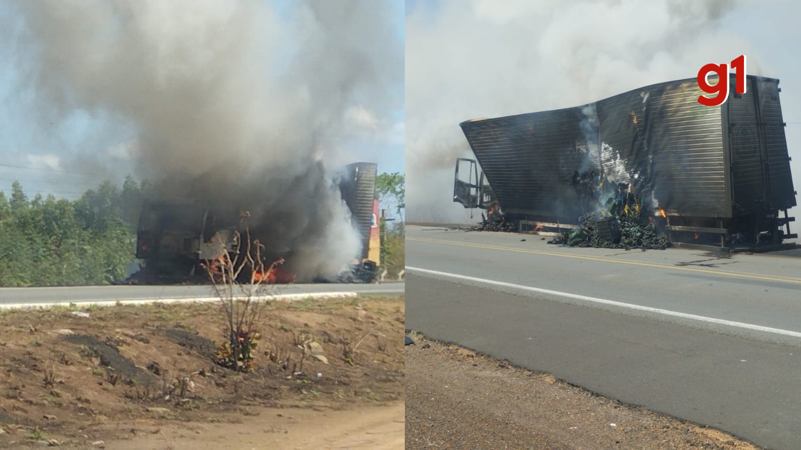 Caminhão com carga de frutas pega fogo e fica destruído na BR-343
