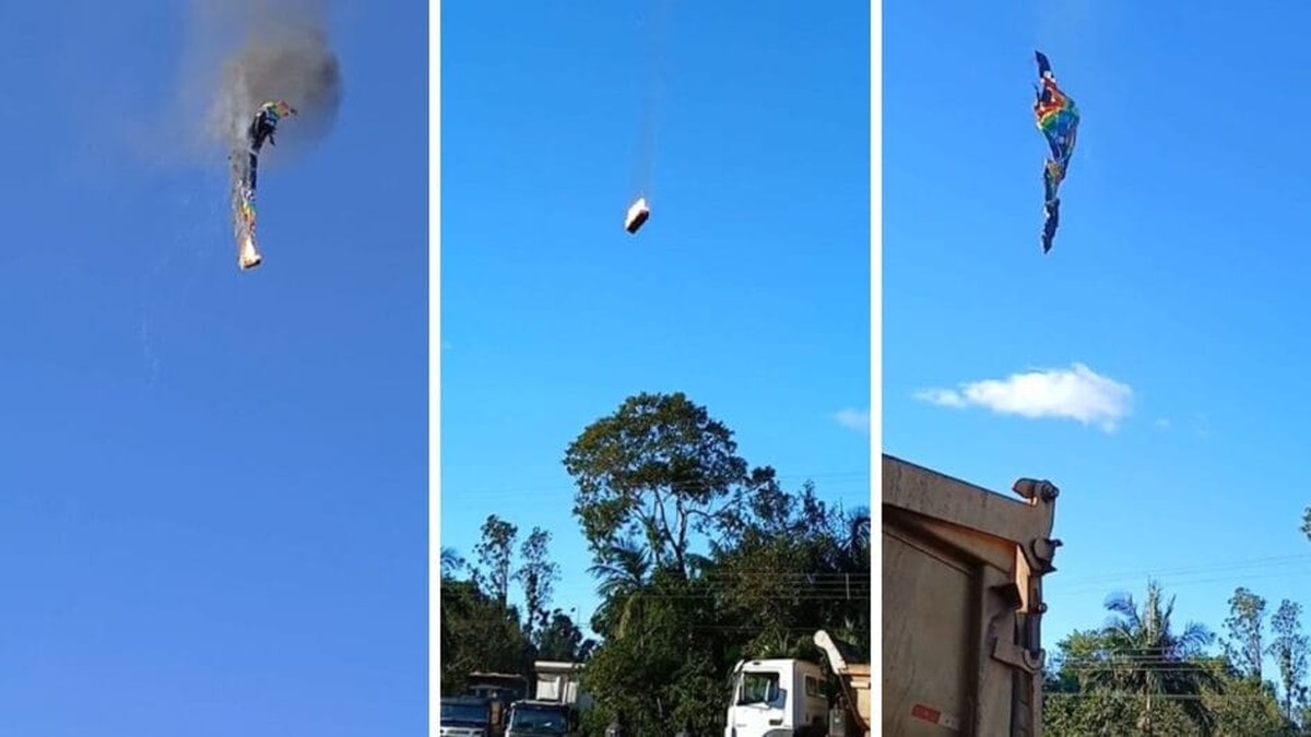 Balão pega fogo durante passeio e cai em Praia Grande (SC); Bombeiros falam em mortos e feridos