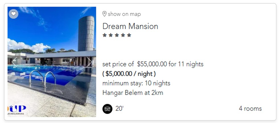 Anúncio da Dream Mansion na plataforma oficial da COP 30.  Imóvel cobra US$ 5 mil por diária, valor bem acima do teto permitido de US$ 600 por quarto. — Foto: Reprodução