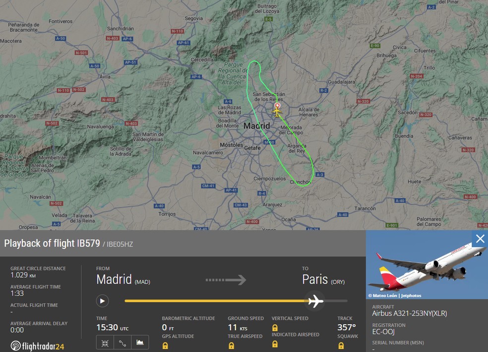 Voo da Ibéria que decolava de Madri, na Espanha, precisa voltar ao aeroporto após colisão com pássaro destruir bico da aeronave em 3 de agosto de 2025. — Foto: Reprodução/FlightRadar24