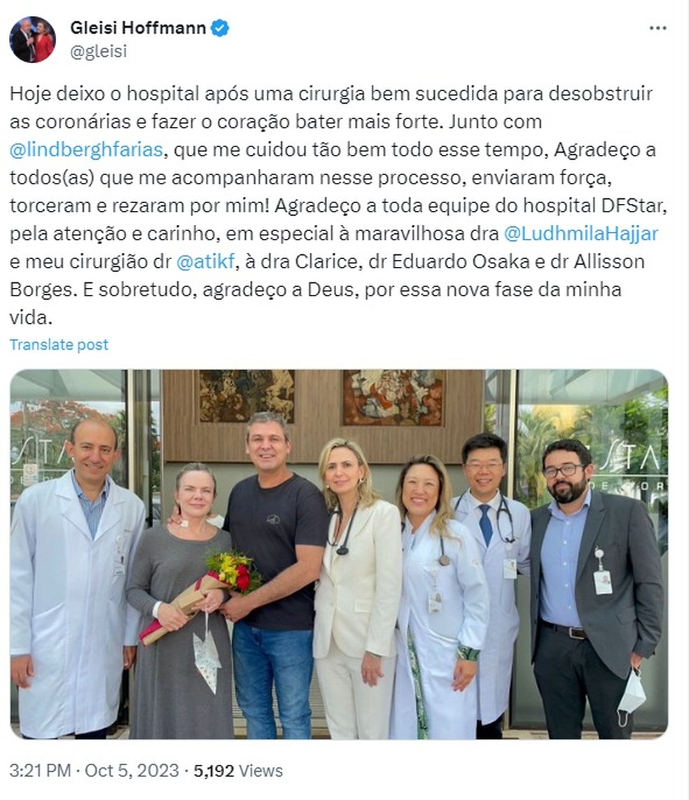Publicação de Gleisi Hoffmann no X — Foto: Reprodução