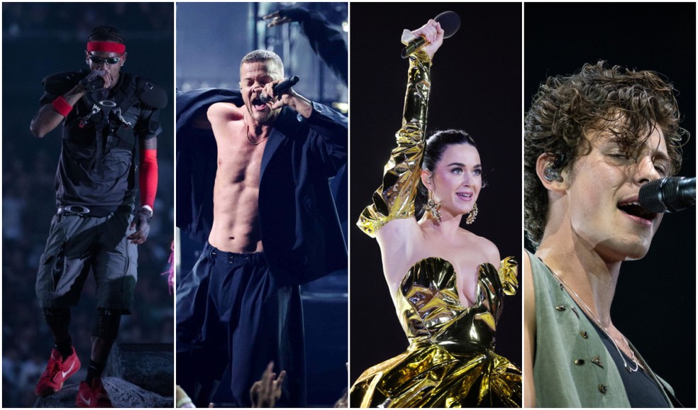 (Da esq. p/ dir.): Travis Scott, Dan Reynolds, Katy Perry e Shawn Mendes — Foto: Reprodução/Instagram/Mario Anzuoni/Reuters/Chris Jackson/Reuters/Fabio Tito/g1
