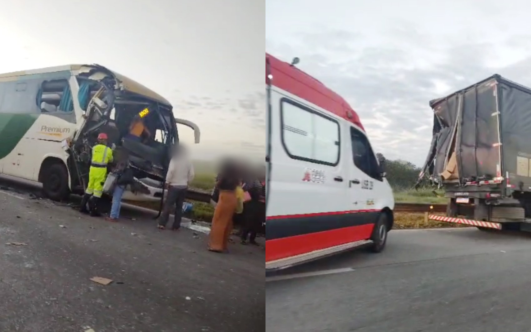 Ônibus com 45 passageiros bate em traseira de carreta e deixa três feridos na Fernão Dias, em MG