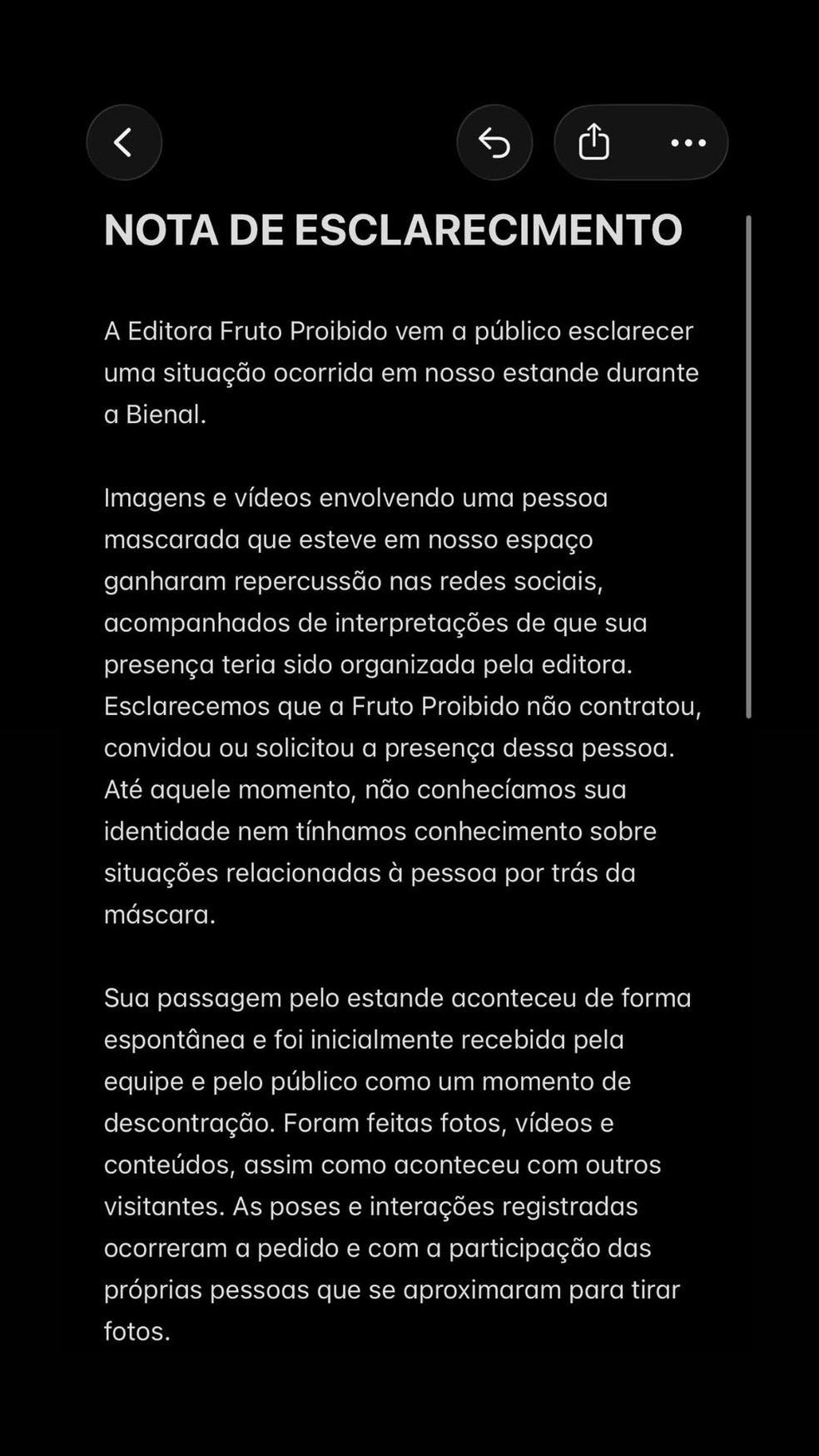 Comunicado editora Fruto Proibido — Foto: Reprodução/Instagram