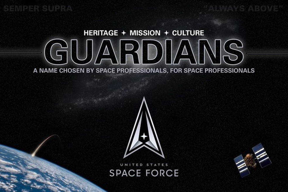 Criada em 2019, a Força Espacial dos Estados Unidos protege os interesses americanos no espaço e desenvolve capacidades avançadas de guerra espacial. Anúncio do nome dado ao pessoal da Força Espacial dos EUA: *Guardians* — Foto: cortesia da Space Force/Twitter.
