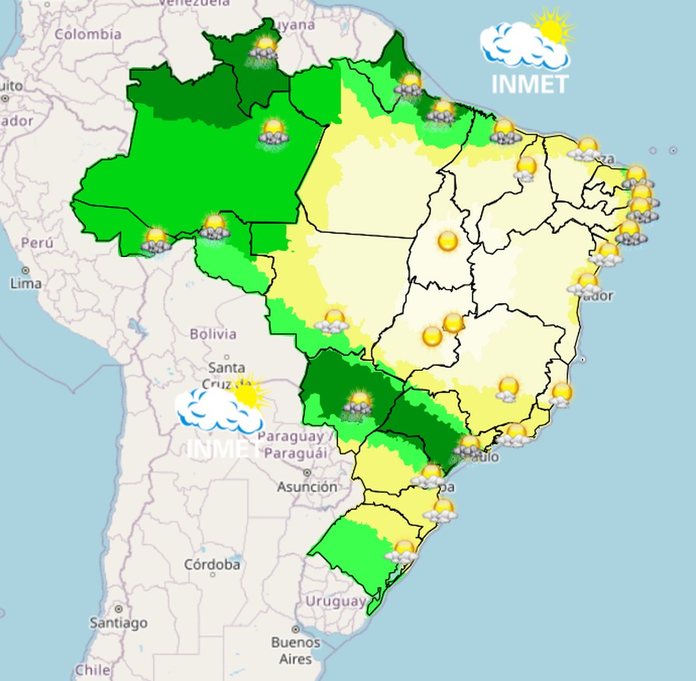 Mapa mostra previsão de chuva para esta quarta (20) em todo o Brasil. — Foto: Inmet/Reprodução