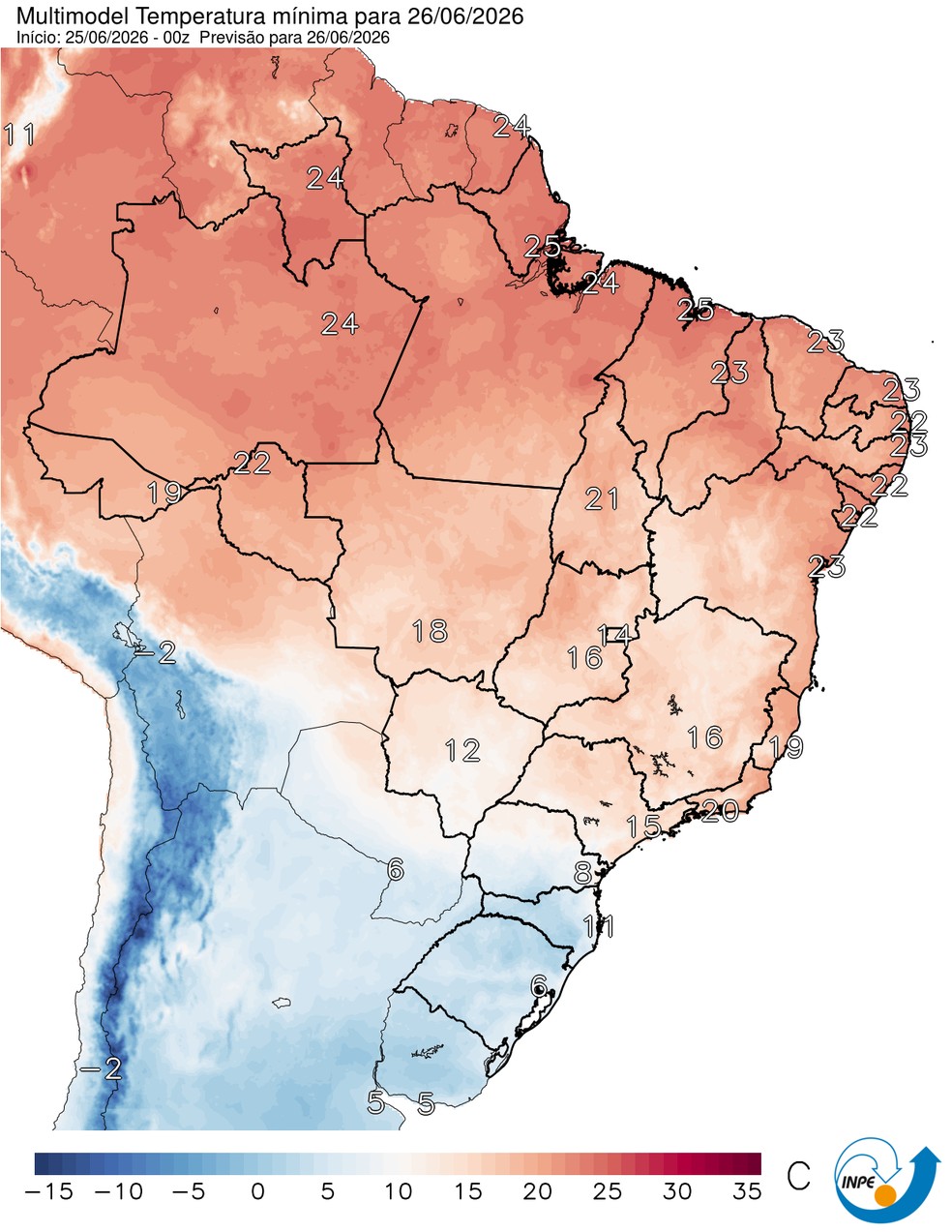 Temperaturas mínimas previstas para esta sexta em todo o Brasil. — Foto: CPTEC/Inpe