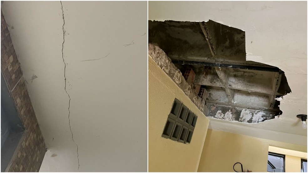 Moradores registram rachaduras e buracos no forro do edifício Papaitio, no bairro Joaquim Távora — Foto: Arquivo Pessoal