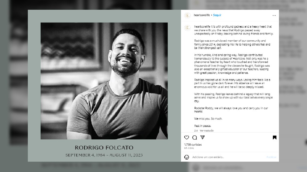 Academia onde Rodrigo trabalhava na Inglaterra se posicionou sobre a morte do instrutor nas redes sociais — Foto: Reprodução/Instagram