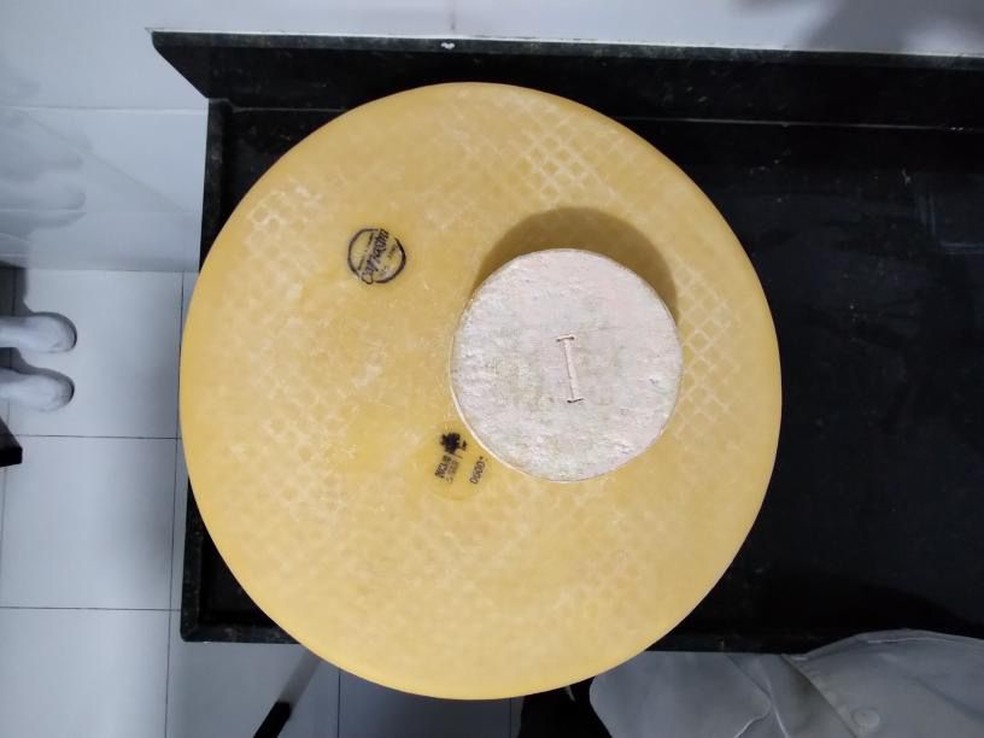 Queijo de 30 quilos ao lado de um queijo normal de 1 quilo  — Foto: Lúcia Oliveira/Divulgação 