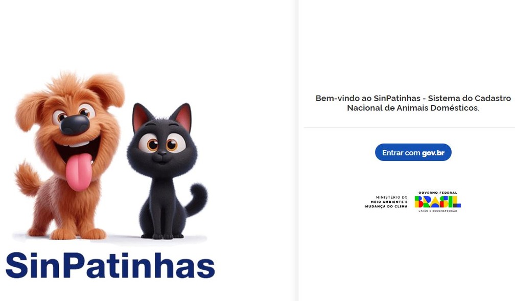 Tela de entrada do SinPatinhas, sistema para criação do 'RG Animal' — Foto: MMA/Reprodução
