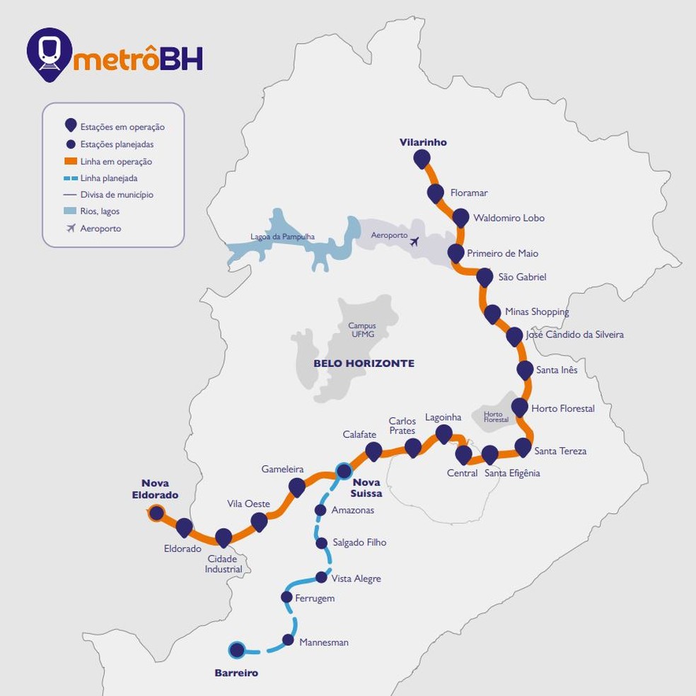 Mapa mostra como ficarão linhas 1 e 2 do metrô de Belo Horizonte após ampliação — Foto: Metrô BH/ Divulgação