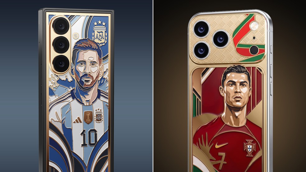 Celulares personalizados com figuras de Messi e Cristiano Ronaldo — Foto: Divulgação/Caviar