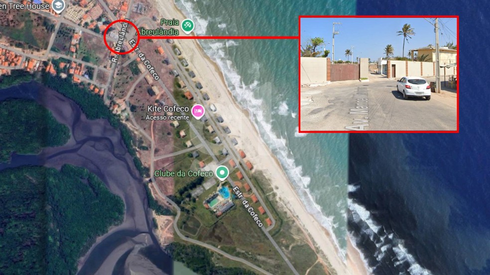 Única estrada asfaltada que dá acesso à Praia do Cofeco passa por dentro de condomínio — Foto: Reprodução
