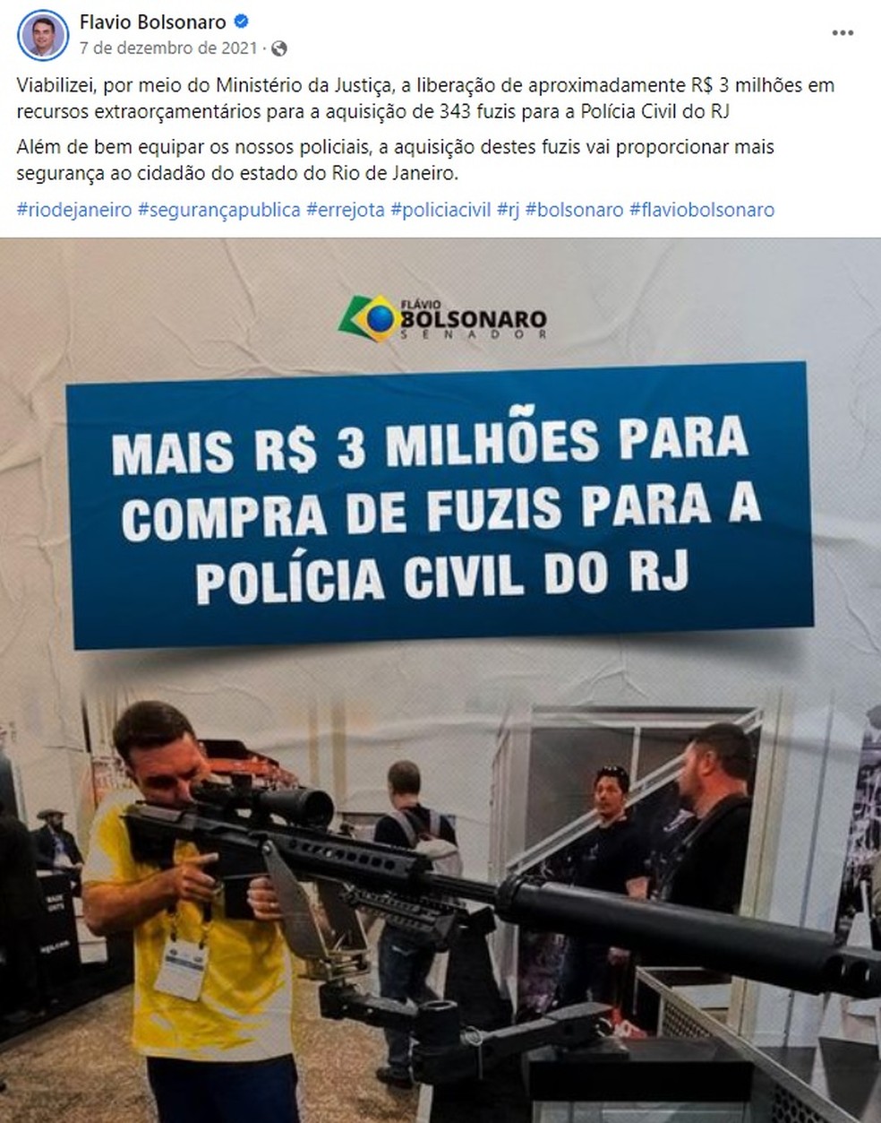 Publicação feita pelo senador Flávio Bolsonaro — Foto: Reprodução