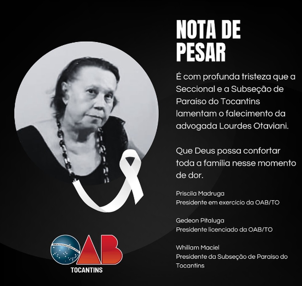 Ordem dos Advogados do Tocantins lamenta morte — Foto: Reprodução/ Redes sociais