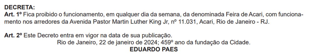 Decreto de Paes proíbe a Feira de Acari — Foto: Reprodução