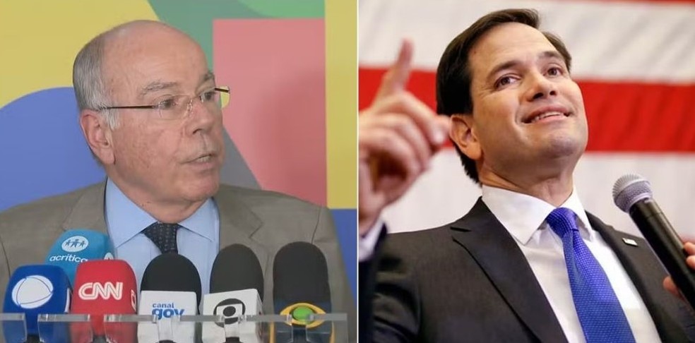 O chanceler Mauro Vieira e o secretário de Estado dos EUA, Marco Rubio, em montagem — Foto: Reprodução/TV Globo e Patrick Semansky/AP