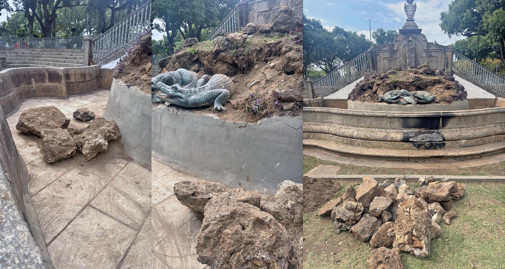 Pedregulhos chegaram a ser arrancados da base do chafariz — Foto: Divulgação/Secretaria Municipal de Conservação