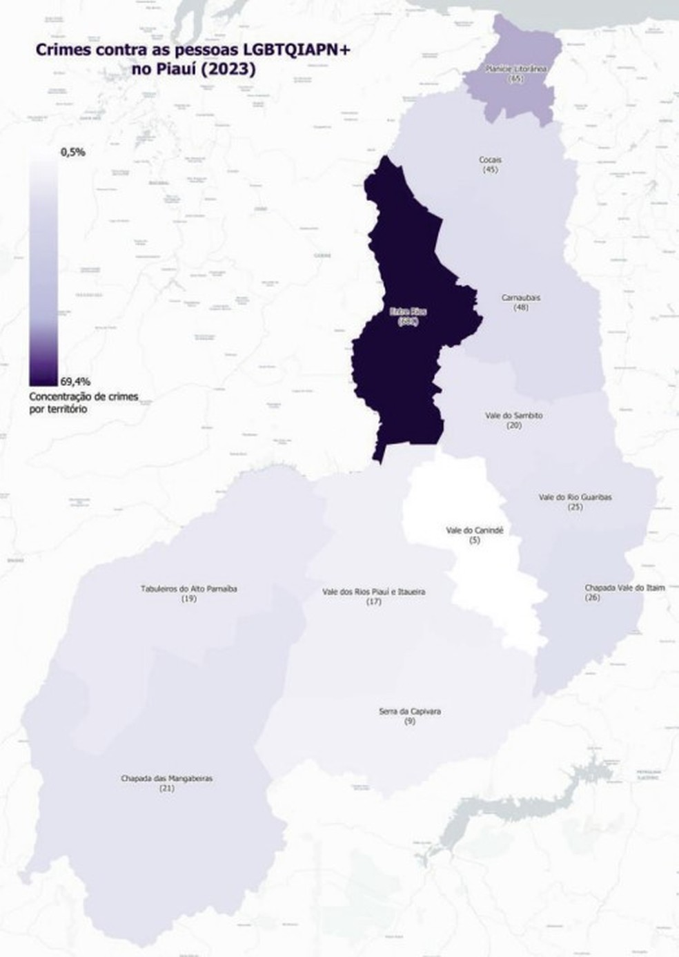 Distribuição dos crimes por território de desenvolvimento (2023) — Foto: GDC/DATASSP