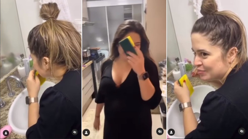 Grávida 'come' esponja com sabão e vídeo feito pelo noivo viraliza — Foto: Reprodução/Instagram