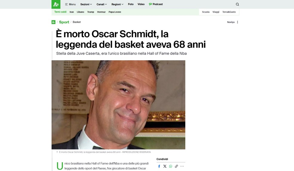 Italiana ANSA repercute a morte de Oscar Schmidt — Foto: Reprodução