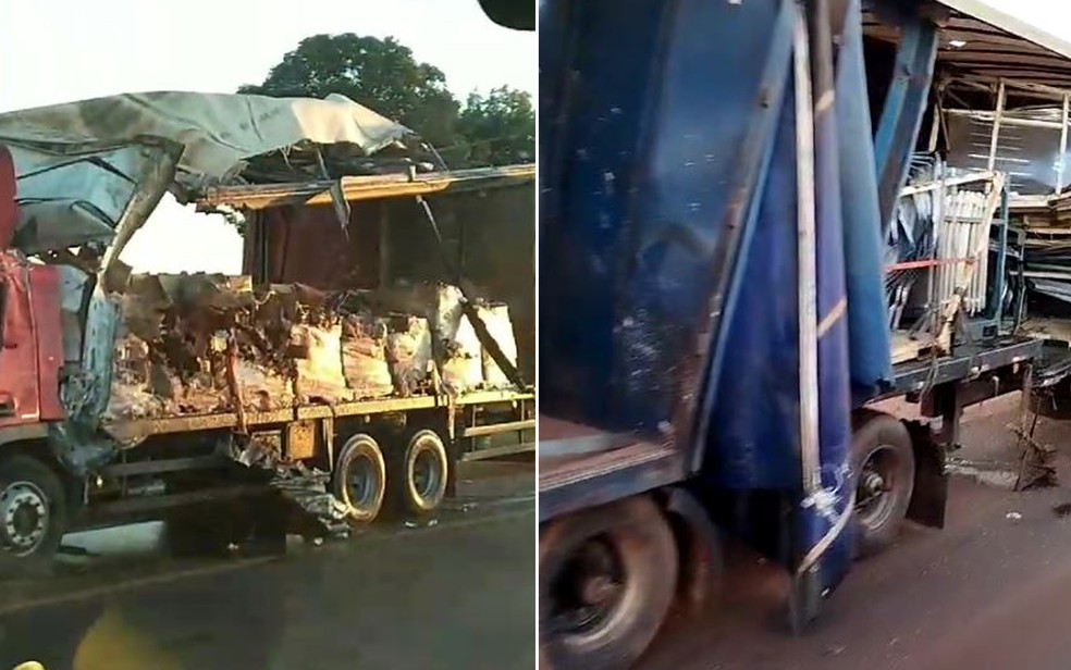 Caminhões vermelho e azul bateram e acidente ainda envolveu ônibus com passageiros entre Orlândia e Sales Oliveira, SP — Foto: Redes sociais