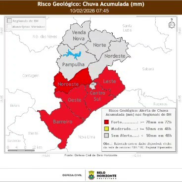 Defesa Civil de BH deixa 5 das 10 regiões da cidade sob alerta de risco geológico forte; veja cuidados