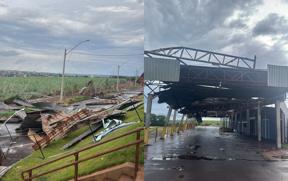 Parte da cobertura metálica de Recinto de Exposições José Rossofoi arrancada pelo vento em Santa Cruz do Rio Pardo — Foto: Secretaria Municipal de Santa Cruz do Rio Pardo/Reprodução