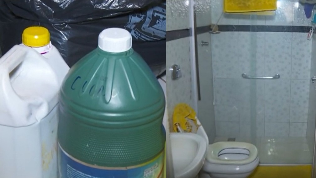 Mulher preparou uma mistura de cloro e desengraxante automotivo — Foto: Foto: Reprodução / TV Anhanguera