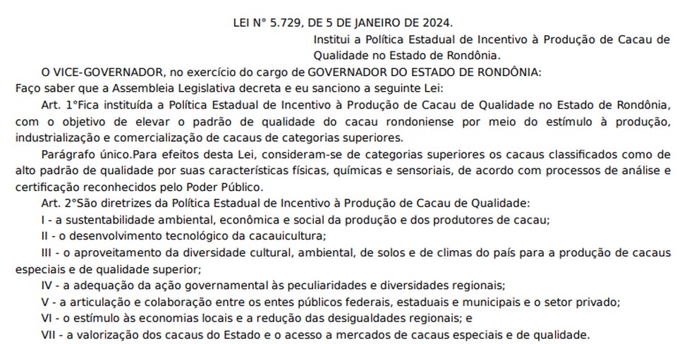 Governo de Rondônia sanciona lei de incentivo ao cacau para produção de chocolates finos — Foto: Reprodução/Governo de Rondônia