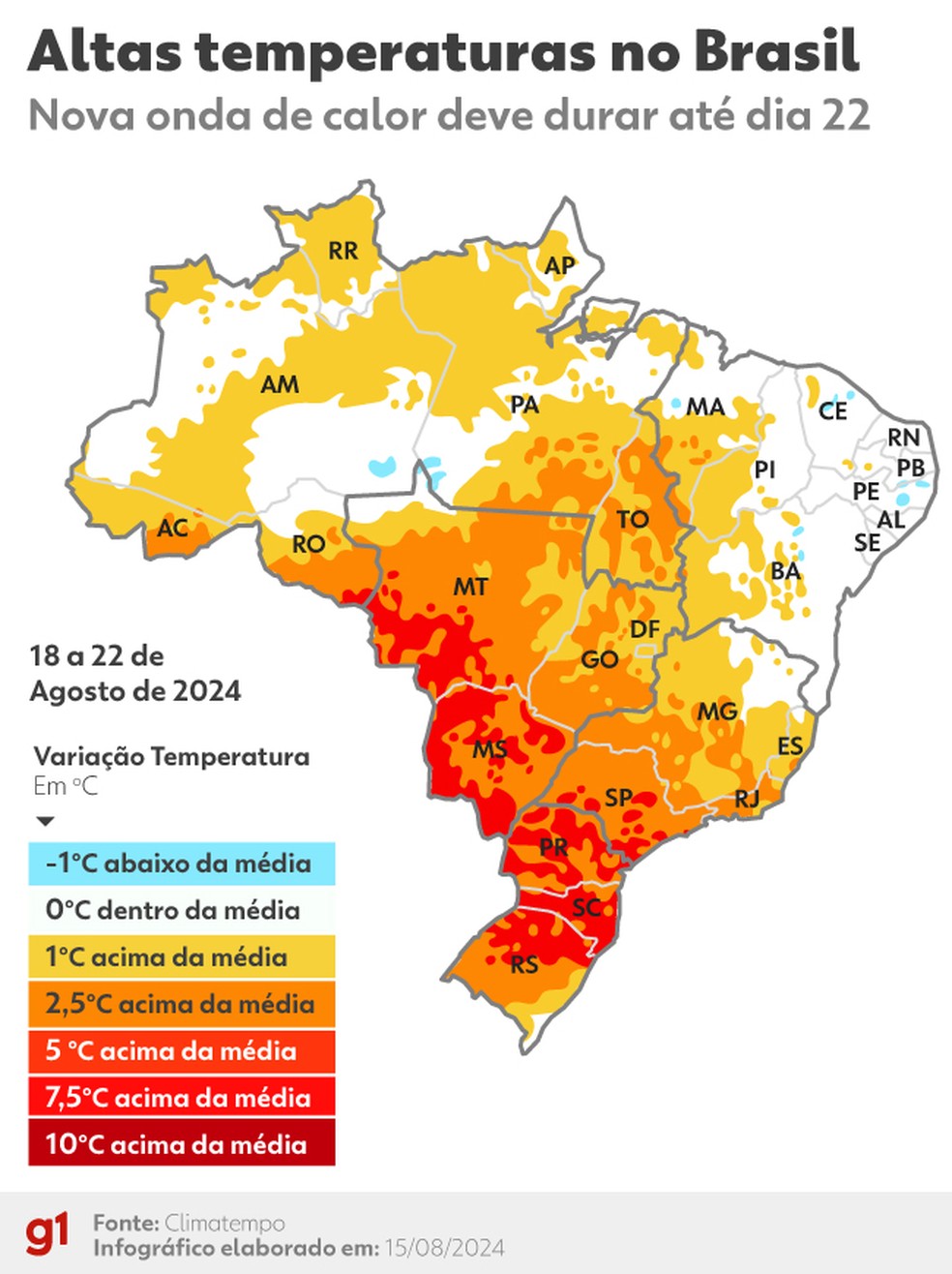 Nova onda de calor deve atingir principalmente o Centro-Sul do pas. — Foto: Arte/g1