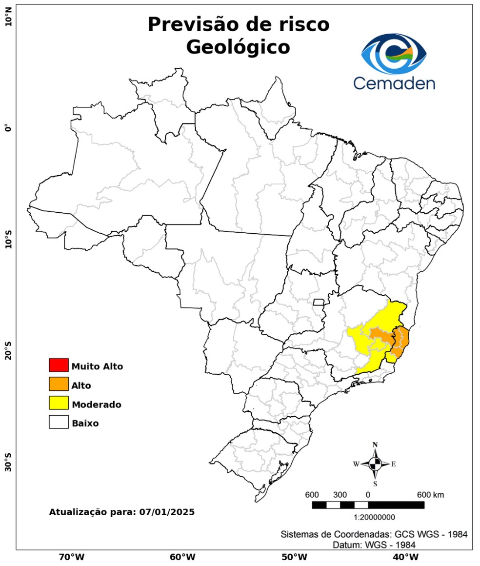 Probabilidade de ocorrência de deslizamentos — Foto: Centro Nacional de Monitoramento e Alertas de Desastres Naturais (Cemaden)