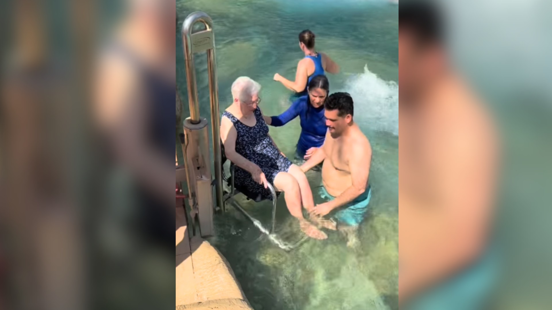 Aos 85 anos, esposa do 'Vovô Anésio' usa elevador para entrar em piscina de parque e viraliza na web: 'Fiquei feliz'