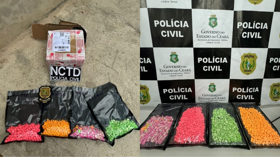 Mulher é presa após receber encomenda com mais de 1,5 mil comprimidos de ecstasy no Ceará. — Foto: SSPDS/Reprodução