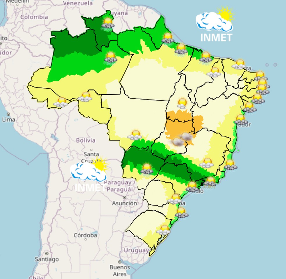 Mapa mostra previsão de chuva para esta sexta (29) em todo o Brasil. — Foto: Inmet/Reprodução