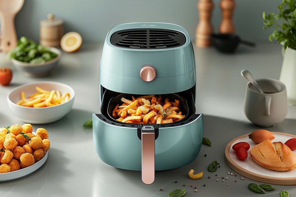 Imagem criada por inteligência artificial mostrando uma airfryer com comida dentro — Foto: Freepik