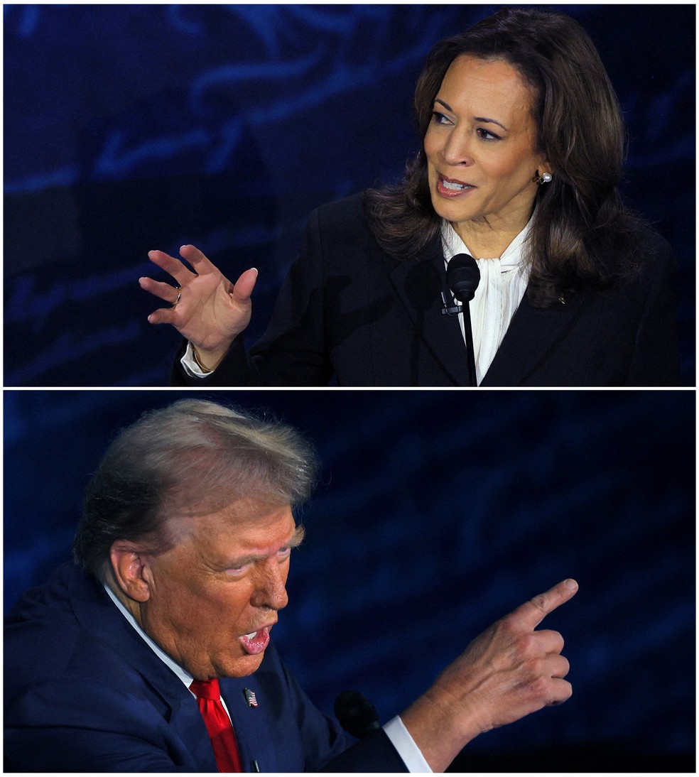 Candidato republicano à presidência, Donald Trump, e a candidata democrata Kamala Harris — Foto: Brian Snyder/Reuters
