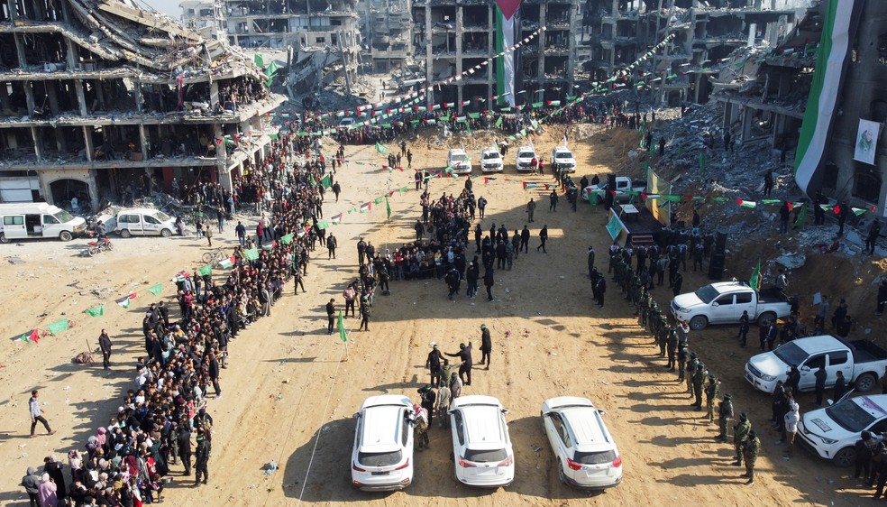 Local onde soldado Agam Berger foi libertada pelo Hamas em Jabalia, no norte da Faixa de Gaza, em 30 de janeiro de 2025. — Foto: REUTERS/Mohammed Salem TPX IMAGES OF THE DAY