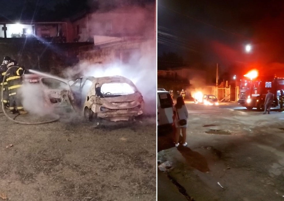 Carro utilizado em crime foi incendiado em Guarujá, SP — Foto: Reprodução