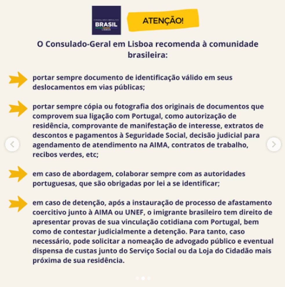 Lista de recomendações do Consulado do Brasil em Lisboa para brasileiros evitarem ser presos pela nova polícia para estrangeiros, emitida em 25 de agosto de 2025. — Foto: Reprodução/ Consulado do Brasil em Lisboa