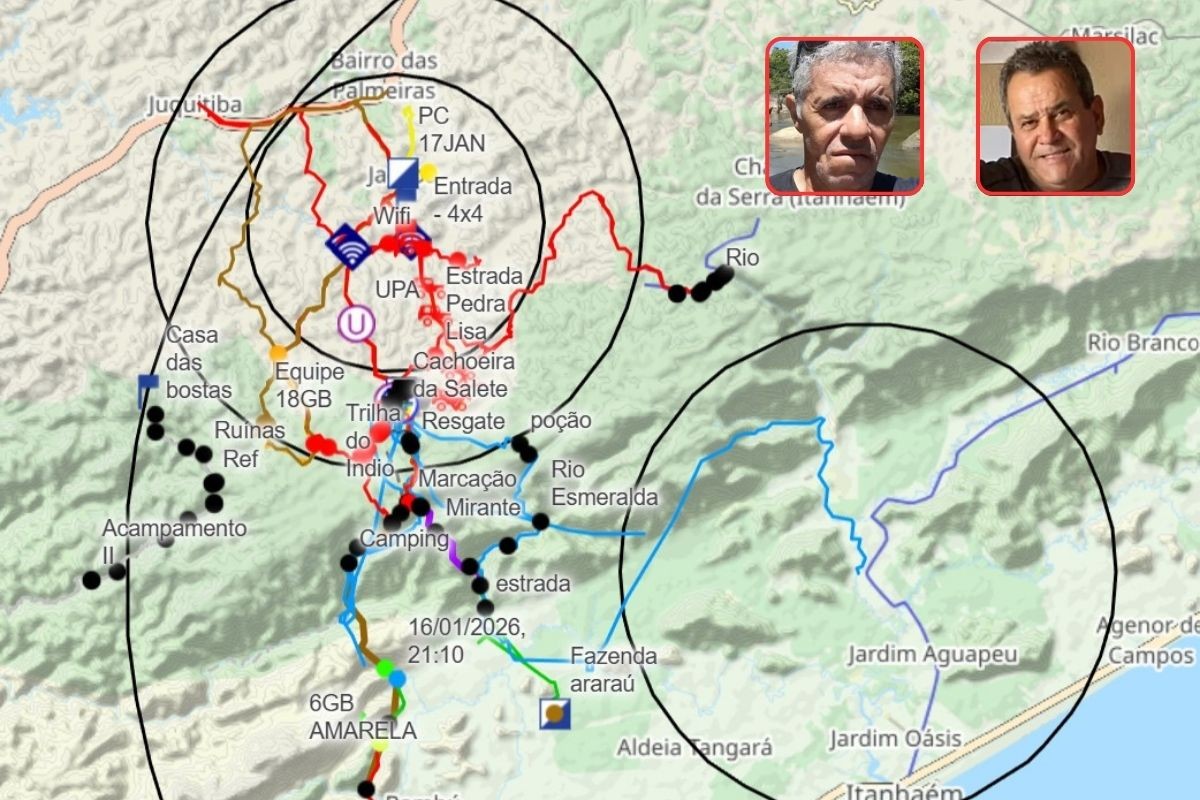 Mapa mostra rastros de equipes que realizam buscas por ciclistas desaparecidos em mata; VEJA 