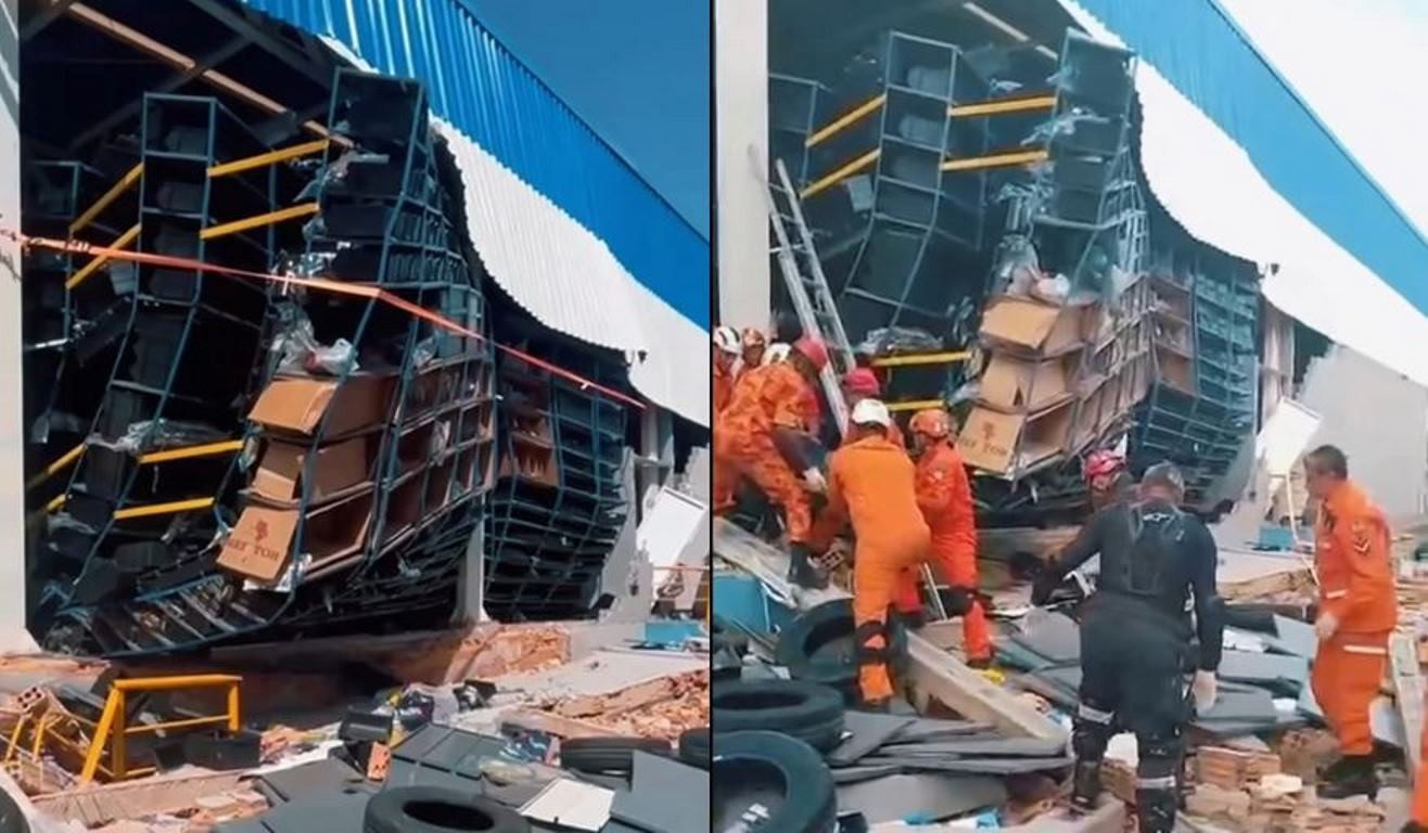 VÍDEO: Prateleiras desabam dentro de armazém na BR-135, em São Luís; uma pessoa ficou ferida