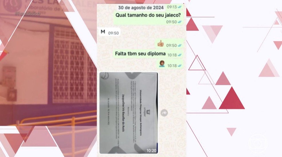 Troca de menagens entre o laboratório e Jacqueline Iris — Foto: Reprodução/TV Globo