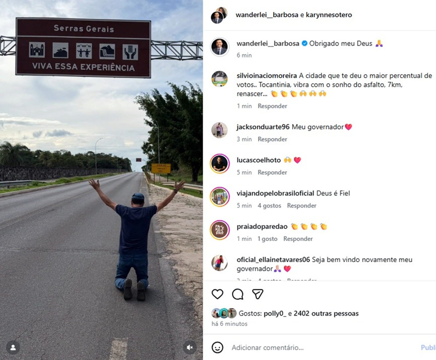 Wanderlei publica foto ajoelhado após liminar que o retorna ao cargo de governador do Tocantins: 'Obrigado meu Deus'