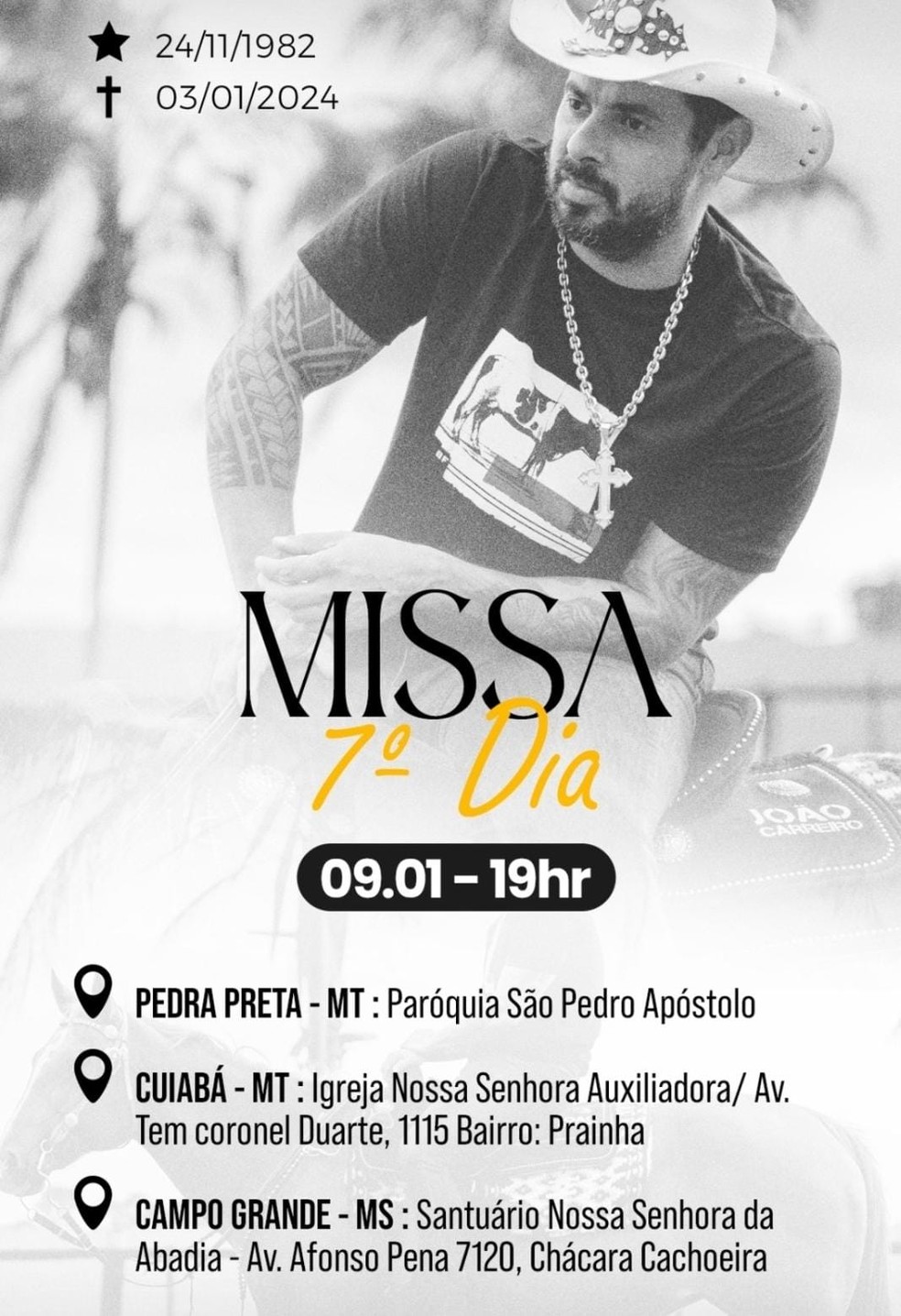 Missa do 7º dia será realizada nesta terça. — Foto: Divulgação