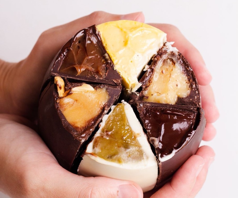 Seis recheios em um: tendência do ovo de Páscoa fatiado é 'instagramável' e pedida por clientes — Foto: Acervo Pessoal/