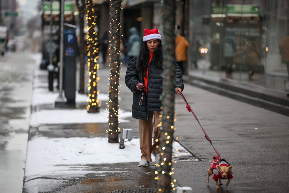 Mulher passeia com o cachorro em meio aos enfeites de Natal em Nova York nesta terça-feira (24) — Foto: Marko Djurica/Reuters