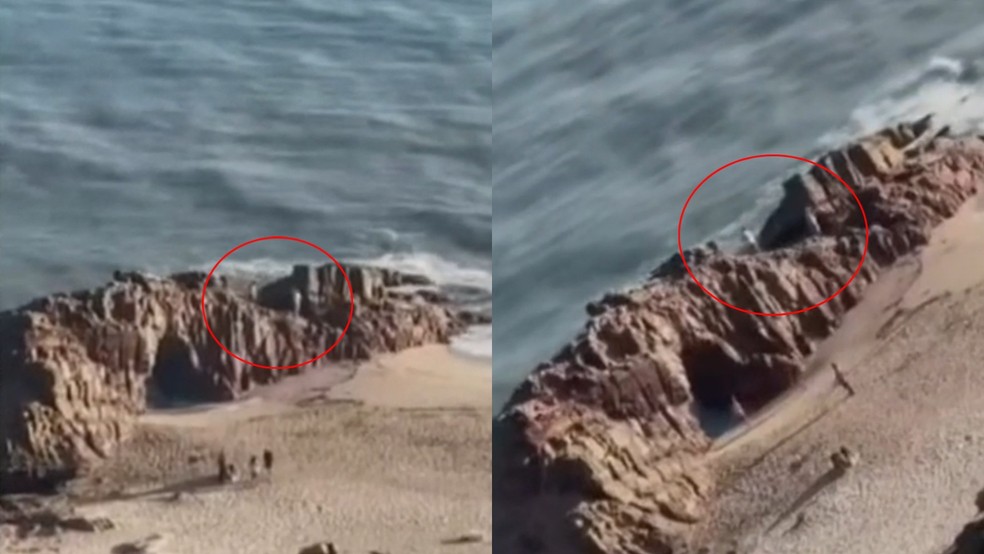 Turistas são flagrados escalando Pedra Furada em Jericoacoara — Foto: Reprodução/TV Verdes Mares